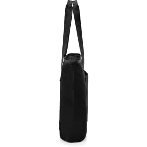 A black tote bag with long handles, featuring a sleek design and a logo. Side view showcasing its shape.