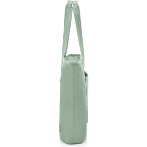 A tote bag in a soft mint green colour with a simple design and shoulder straps. It features branding on one side.