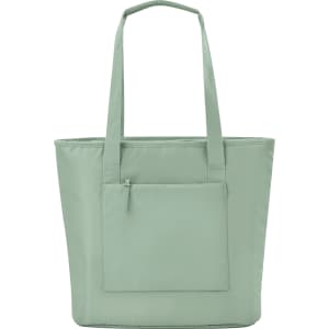 A mint green tote bag with two shoulder straps and a front pocket. Features a logo.