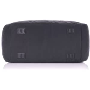 A black duffle bag featuring a flat base and protective feet, showcasing a sturdy design and ample space.