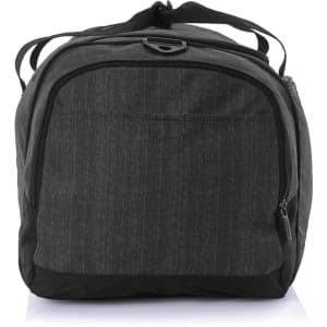 A duffle bag in a grey and black colour scheme with multiple compartments and a carrying strap.