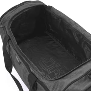 A black duffle bag featuring a spacious interior with a patterned lining and zippered closure.