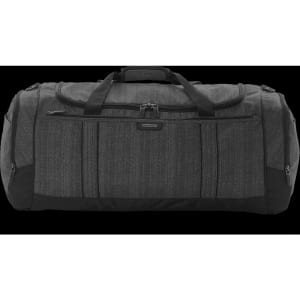 A spacious grey duffle bag with multiple compartments and a sturdy handle, featuring a logo on the side.