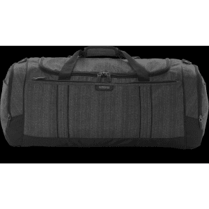A grey duffle bag with a zip closure and multiple pockets, featuring handles and a logo.