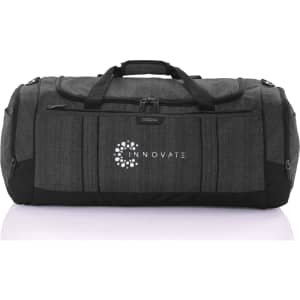 A grey duffle bag with black accents and a logo, featuring multiple zippered compartments and sturdy handles.