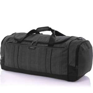 A dark grey duffle bag with multiple zippered compartments and sturdy handles. It features a logo on the side.