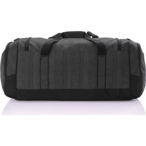 A grey duffle bag with black accents, featuring sturdy handles and multiple straps for easy carrying.