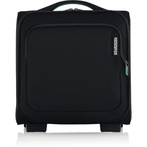 A black underseat travel bag with wheels and a handle, featuring a front pocket and a logo.