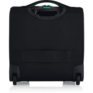 A black underseat luggage with wheels and a sturdy handle, featuring a simple design and branding.