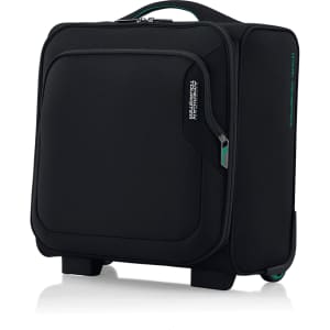 A black underseat luggage with a teal zip, featuring a smooth surface and a branded logo on the side.