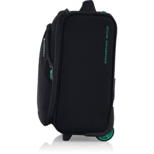 A black underseater bag with teal accents and wheels, featuring a sleek design and a logo.