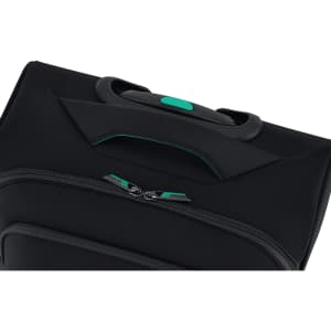 A black wheeled underseater bag with teal accents and a handle on top. It features a zippered compartment.