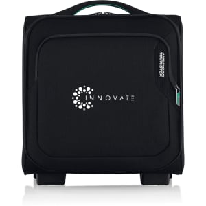 A black wheeled bag with a front pocket and a logo, designed for travel convenience.