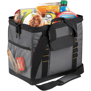 A grey cooler bag filled with various food items, featuring a mesh pocket and a strap for carrying.