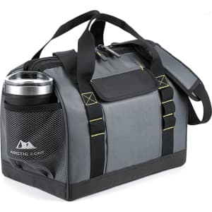 A grey insulated cooler bag with a mesh pocket and a drink bottle holder. Features adjustable straps and zip closures.