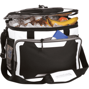 A cooler bag in black and white, filled with drinks and ice, featuring a front pocket and a shoulder strap.
