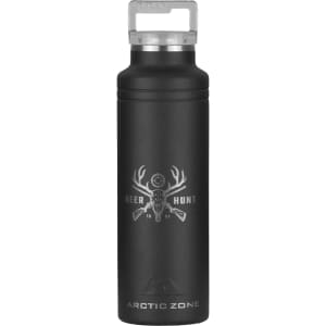 A drink bottle in matte black featuring a logo and a secure lid, designed for thermal insulation.