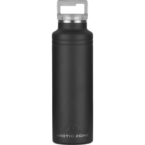 A drink bottle in matte black finish with a metallic grey cap and a logo, featuring a sleek, modern design.