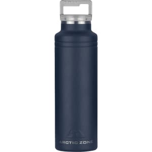 A drink bottle in navy blue with a stainless steel lid and a logo at the base. Ideal for thermal insulation.
