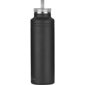 A drink bottle in matte black with a silver top and a built-in straw. It features a logo.
