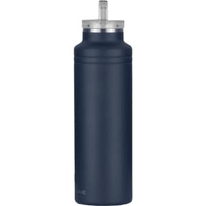 A drink bottle in a matte navy finish with a silver lid and a straw opening. Features a logo.