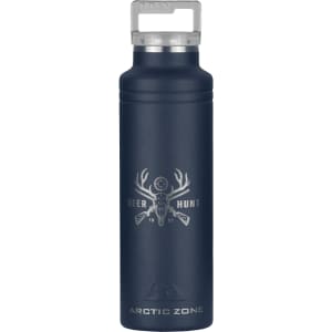A drink bottle in navy blue, featuring a stainless steel design and a logo, with a double-wall thermal insulation.