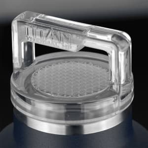 A drink bottle featuring a stainless steel base and a clear, hexagonal-patterned lid with a handle.