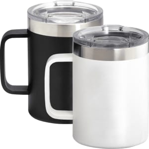 A drinkware set featuring two thermal copper mugs, one black and one white, with clear lids and handles.