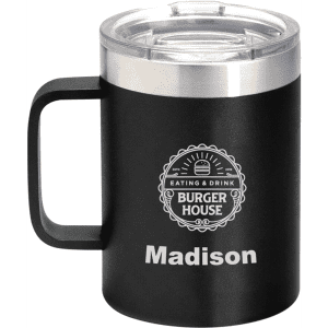 A black thermal mug with a stainless steel lid, featuring a logo and the name “Madison” printed on it.