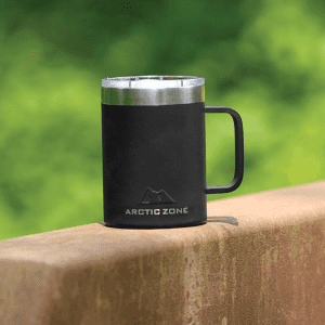 A black stainless steel coffee mug with a silver rim and handle, featuring a logo.