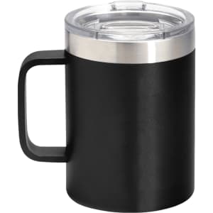A drink mug with a stainless steel rim and a clear lid, featuring a matte black finish.