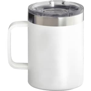 A white thermal copper mug with a clear lid and stainless steel accent, featuring a sturdy handle and branding.