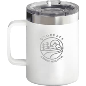 A drink mug in white with a stainless steel lid, featuring a logo and a handle for easy grip.