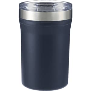 A drink bottle in dark grey with a stainless steel lid and a clear top. Features a logo.
