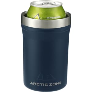 A drink bottle in navy blue featuring a stainless steel top, designed to hold a 350ml can. It has a logo.
