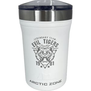 A drink bottle in white with a silver lid and a logo featuring a tiger and text. It is a 2-in-1 cooler.