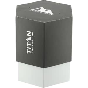 A drink bottle with a hexagonal design, featuring a black top and a silver base, includes a logo.