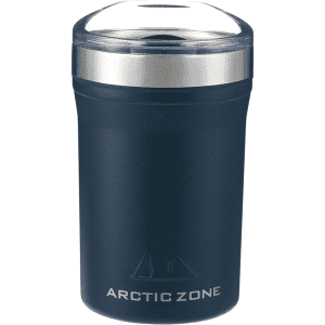 A drink bottle in navy blue with a stainless steel band and a clear lid. It features a logo on the front.