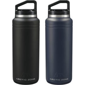 A drink bottle set featuring two 1L containers in black and dark blue, each with a handle and a logo.