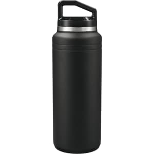 A drink bottle with a sleek black design and a handle, featuring a silver band near the top.