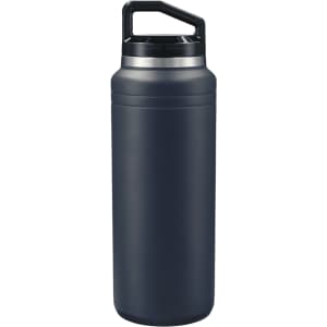 A drink bottle in dark grey featuring a black lid and a handle, designed for beverage storage.