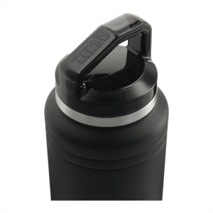 A drink bottle in black with a silver band, featuring a sturdy handle and a twist-off lid. Branding is visible.