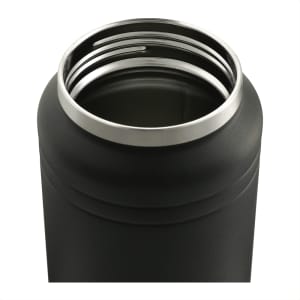 A drink bottle with a sleek black finish and stainless steel rim, featuring a wide opening for easy filling.