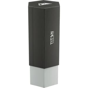 A drink bottle in a sleek hexagonal design, featuring black and silver colours, with a logo on the side.