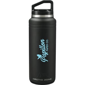 A drink bottle in matte black with a silver lid and a logo on the side. It has a sturdy handle for easy carrying.