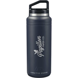 A drink bottle in navy blue with a silver lid and a handle, featuring a logo on the body.