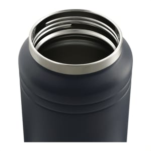 A drink bottle in navy blue with a silver rim, featuring a wide opening and a smooth finish. It has a logo on the side.