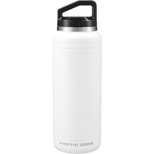 A drink bottle made of stainless steel, featuring a white body and a black lid, designed for keeping beverages cold.