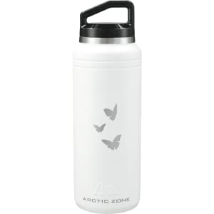 A drink bottle in white with a black lid and handle, featuring butterfly designs and a logo.