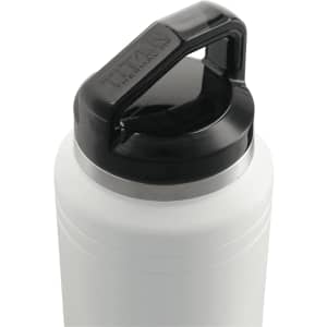 A drink bottle in white with a black lid, featuring a handle and a metallic band near the top.